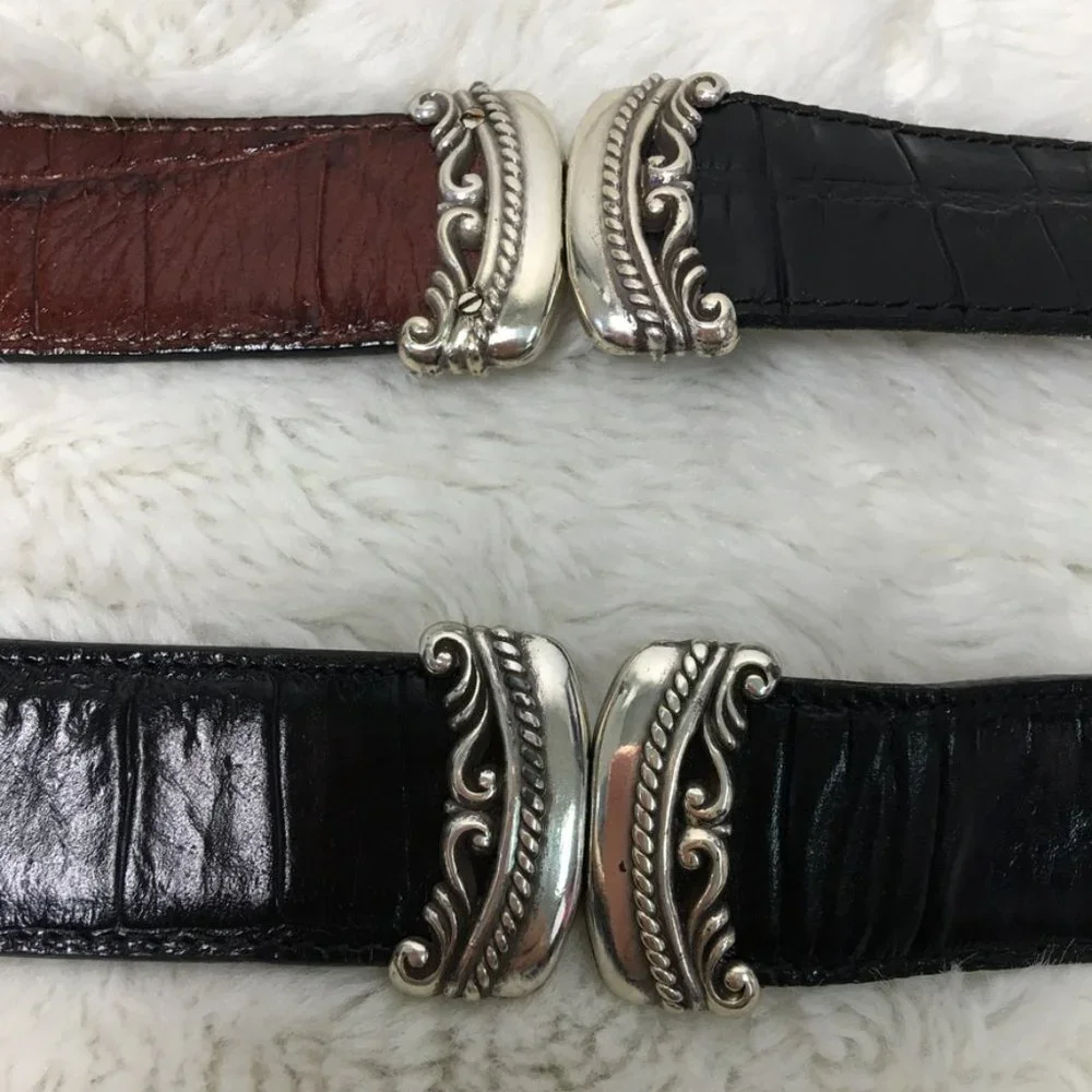 Brighton Womens Reversible Silver Black Brown Leather Belt size Medium